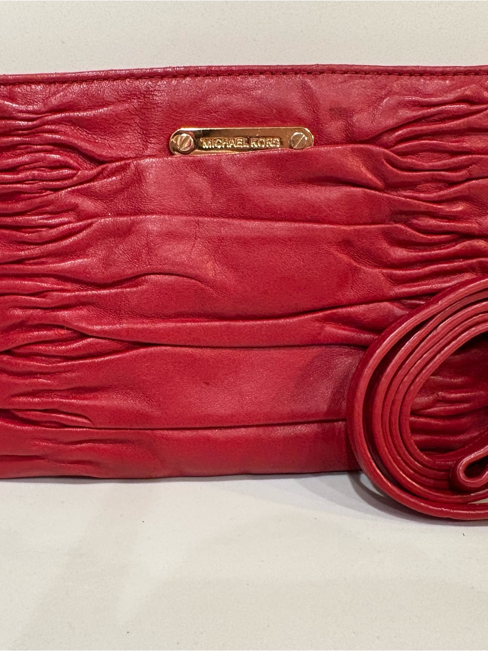 Michael Kors Small Red Leather Scrunch Clutch With Removable Shoulder Strap